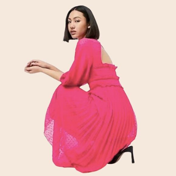 ASOS DESIGN textured pleated shirred midi dress in hot pink size 4 - Picture 3 of 16